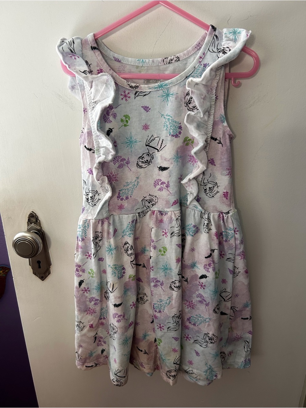 Girls' White Pastel Floral & Character Ruffle Dress